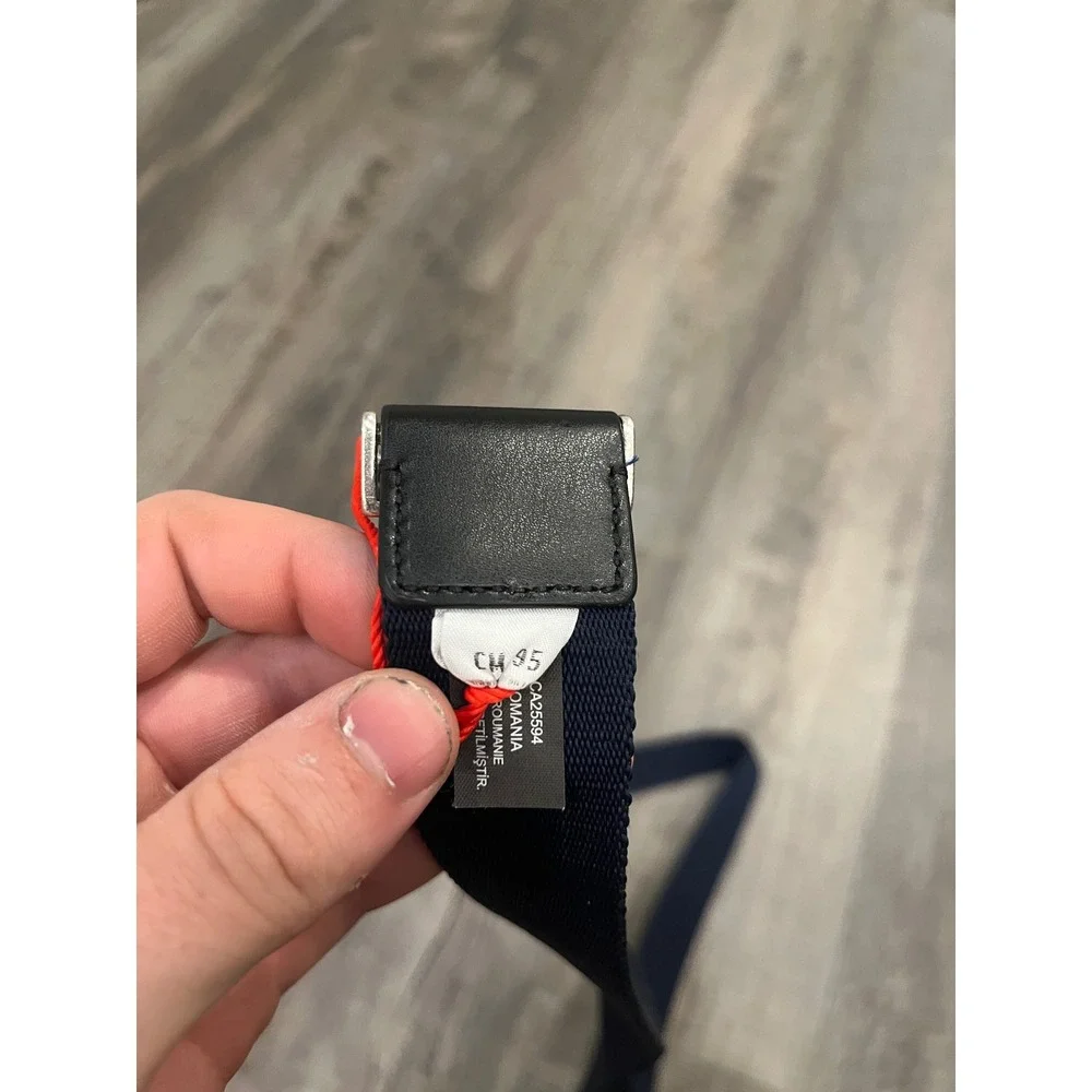 Diesel B-PLAQUE Navy Blue Web Belt Red D Logo Plaque Buckle Size 95 (37 inches)